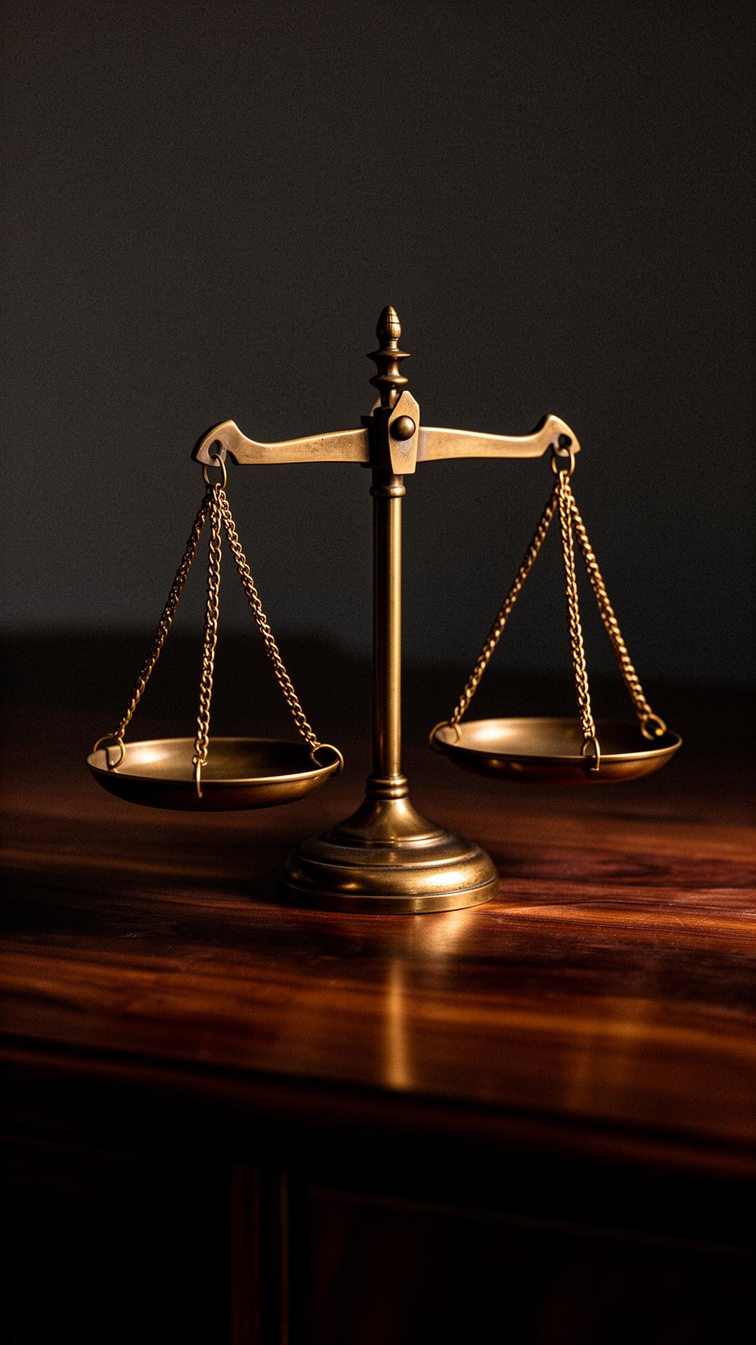 Balança da justiça em mesa de madeira